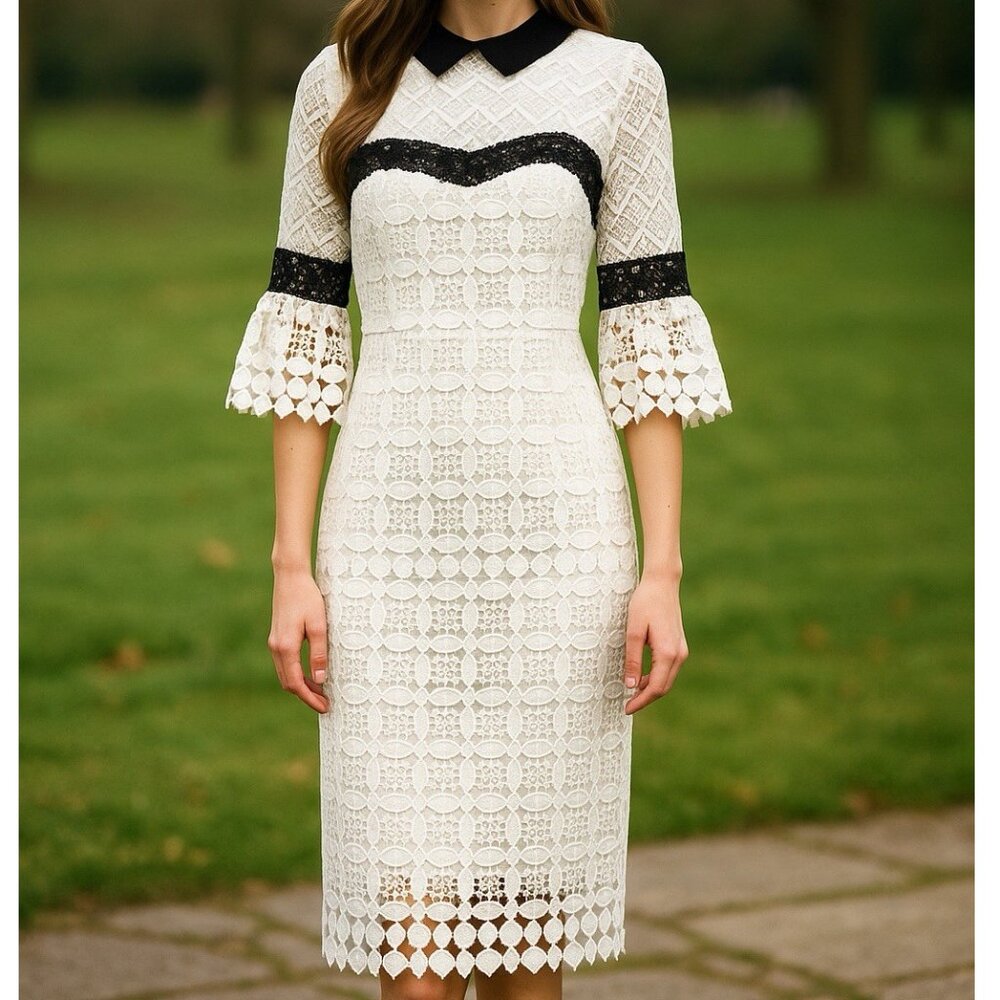 Nanette Lepore‎ Sheath Black White Lace Bell Sleeve Collared Dress Wedding Guest